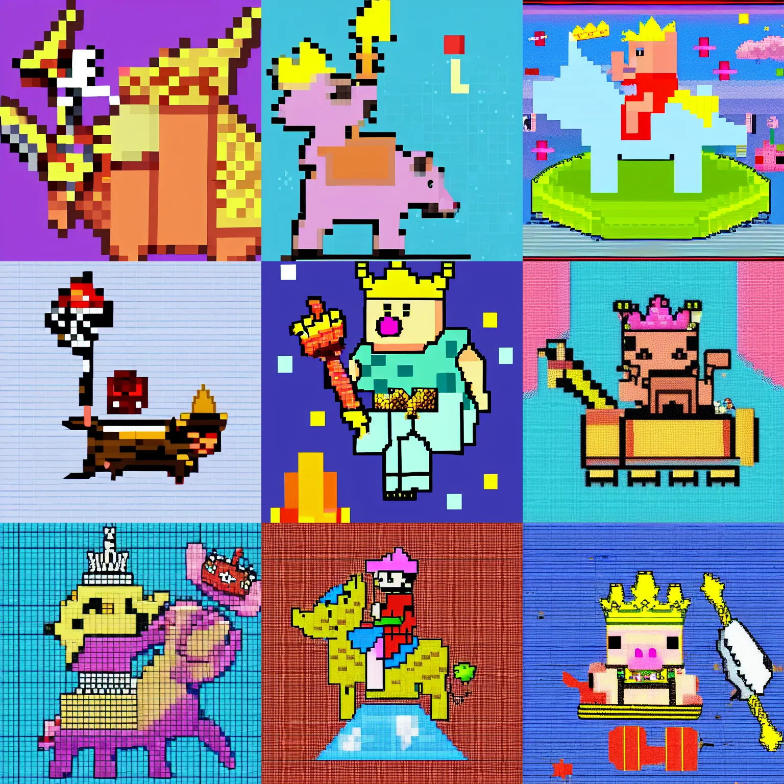 Prompt: a pig wearing a crown riding a horse in space and holding a large sword, pixel art