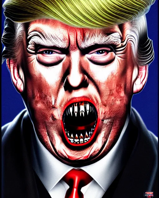 Image similar to donald trump as dracula with fangs out, character portrait, close up, concept art, intricate details, hyperrealism, photorealistic, in the style of otto dix and h. r giger