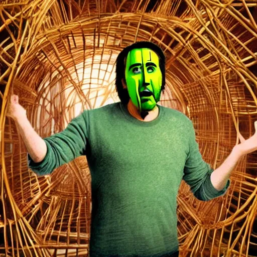 Prompt: nicolas cage trapped in a wicker cage with peas on his face, screaming, movie still, hdr