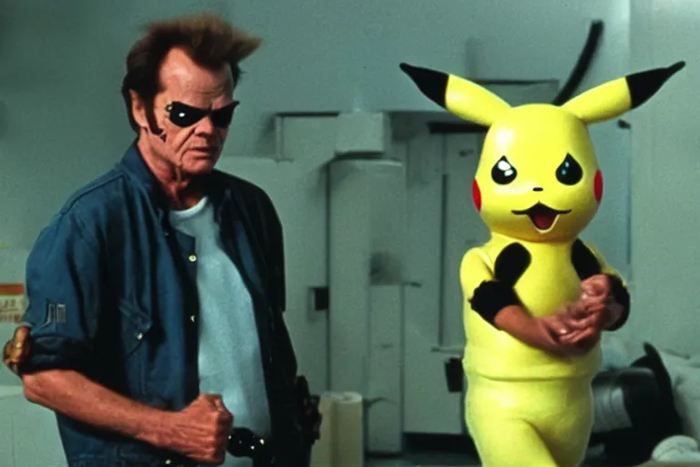 Image similar to Jack Nicholson in costume of Terminator Pikachu hybred, scene where his endoskeleton gets exposed, still from the film