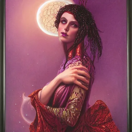 Image similar to portrait of a purple witch with golden embroidery, by gerald brom.