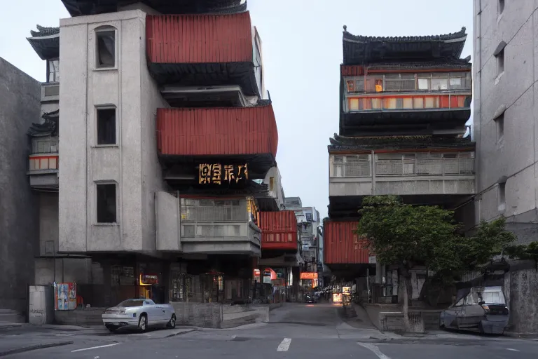 Prompt: Brutalist Chinatown architecture at the break of dawn