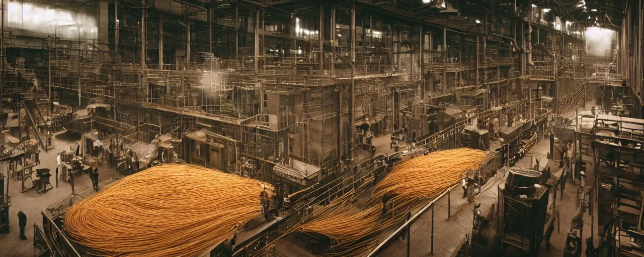 Image similar to spaghetti in a 1 9 2 0's industrial factory, steam, national geographic, detailed, canon 2 0 mm, wes anderson, kodachrome