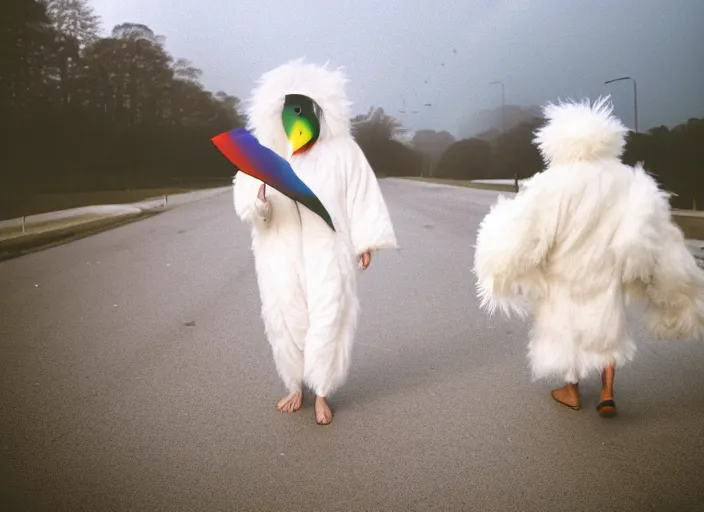 normal people wearing white massive feather fur fluffy