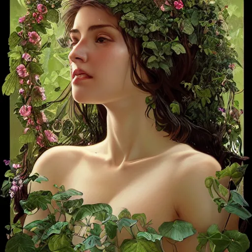 Image similar to a gorgeous young woman covered in plants, flowers and vine being one with her body, human plant hybrid, nature, intricate, headshot, highly detailed, digital painting, artstation, concept art, sharp focus, cinematic lighting, illustration, art by artgerm and greg rutkowski, alphonse mucha, cgsociety