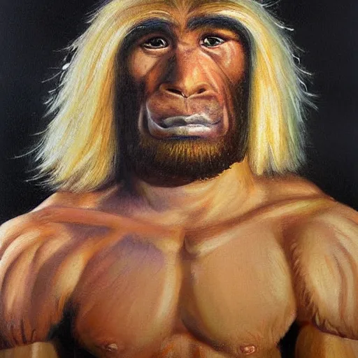 Prompt: a realistic muscular blonde neanderthal man painting