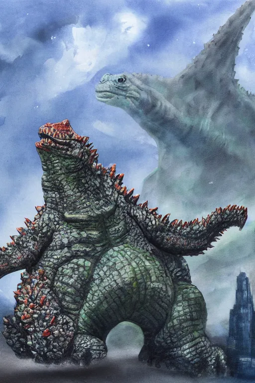 Prompt: a painting of baby godzilla, 4 k, very detailed,