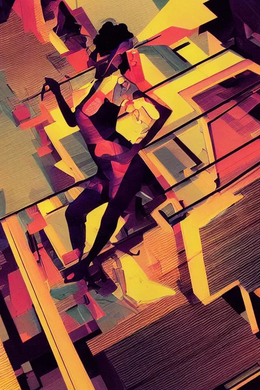 Image similar to wideangle action, portrait of a crazy cellist girl, shockwave, decoherence, synthwave, glitch!!, fracture, vortex, realistic, hyperdetailed, concept art, golden hour, art by syd mead, cubism