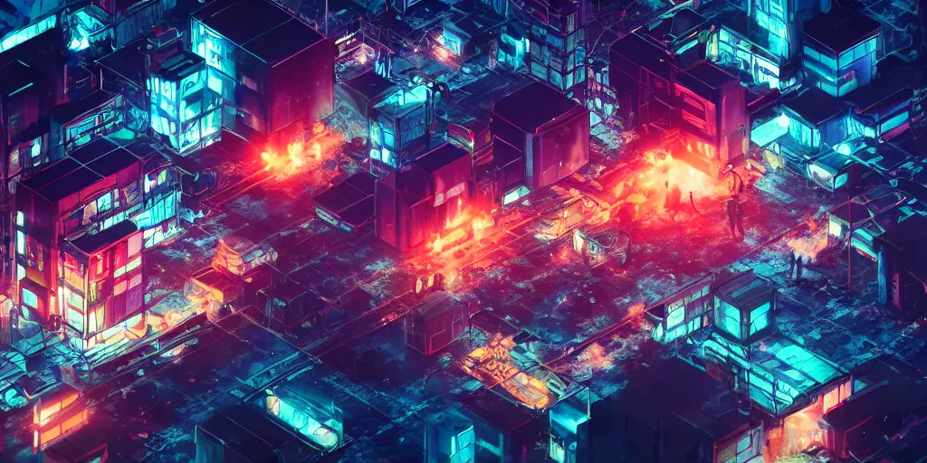 Image similar to isometric room of factory exploding at night in the center of a futuristic sci-fi asian city, signboards, neon lights, blade runner color palette, rendered in octane render by Yasunari Ikenaga, Yamato, Macross