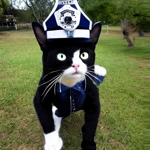 Image similar to a cat wearing a policeman outfit