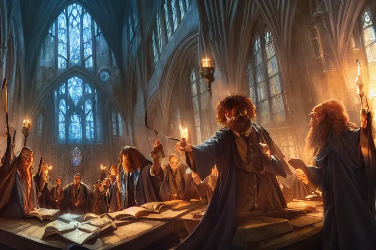 Image similar to harry potter at hogwarts with hagrid, jesper ejsing, james jean, justin gerard, tomasz alen kopera, cgsociety, fenghua zhong, makoto shinkai, octane render, highly detailed, rim light, art, cinematic lighting, very coherent, hyper realism, high detail, 8 k