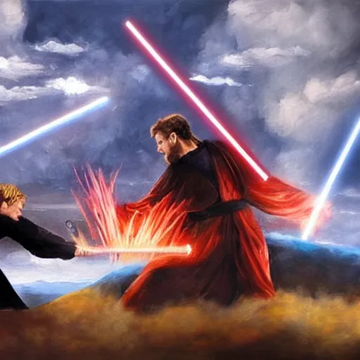 Image similar to a beautiful painting of anakin skywalker fighting obi - wan kenobi except anakin has the high ground. 4 k, epic, ultra realistic, colourful, lava, dark clouds, dramatic,