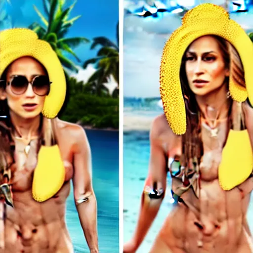 Image similar to j - lo, coconut bikini and a pineapple hat, professional photography, photoshop