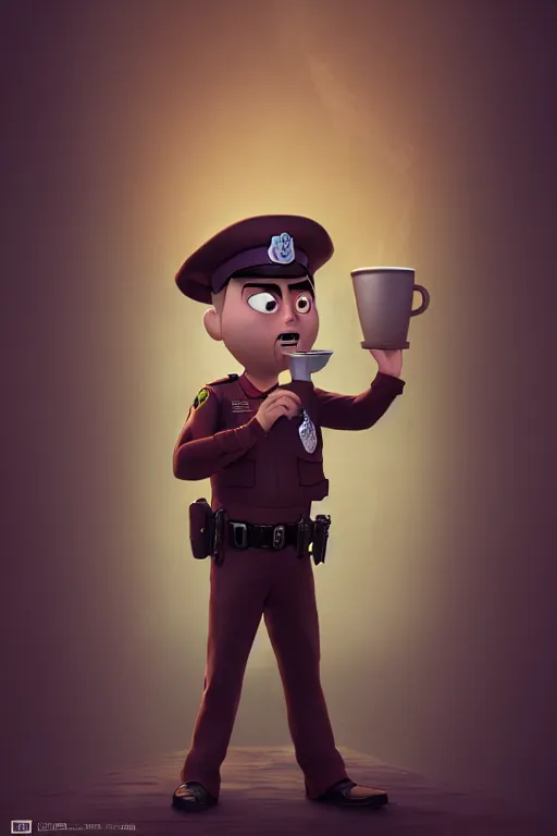 Prompt: an epic fantasy comic book style full body portrait painting of a police man drinking one cup of coffee, character design by Mark Ryden and Pixar and Hayao Miyazaki, unreal 5, DAZ, hyperrealistic, octane render, cosplay, RPG portrait, dynamic lighting, intricate detail, summer vibrancy, cinematic