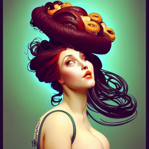 Image similar to curvy woman with a bundt cake as hair, digital art, cinematic, concept art, 8k, painting, imaginefx, cgsociety, art nouveau, Alphonse Mucha, trending on artstation, wide shot, full shot