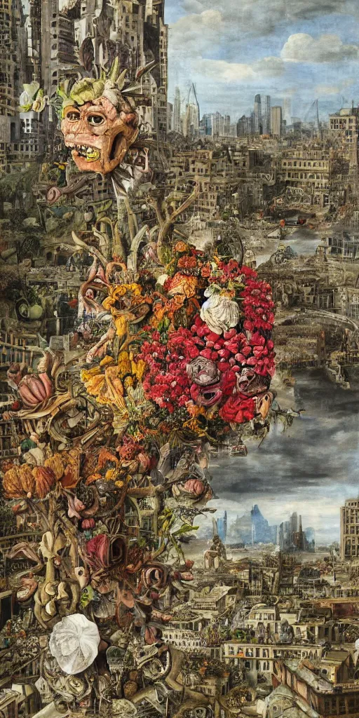 Prompt: giant grotesque flower in the middle of abandoned alien cityscape, ultradetailed by Giuseppe Arcimboldo and Passarotti and Josan Gonzalez