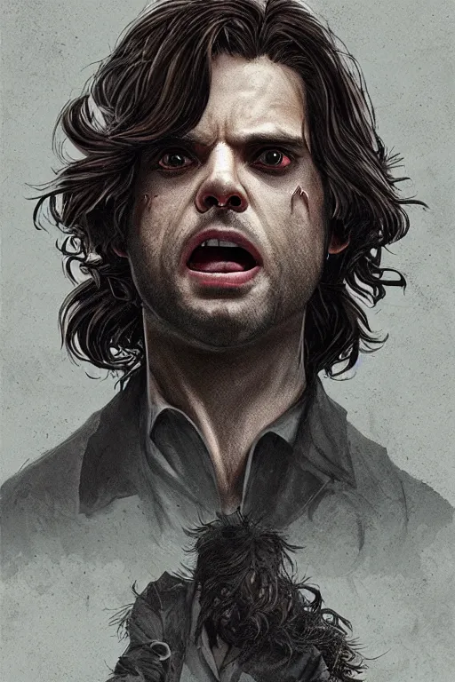 Image similar to sebastian stan in sleepy hollow, full body, big two toned eyes, teeth gritted, horror, intricate details, cinematic, epic, realistic, anatomy, tomer hanuka, uplight, artstation, photorealistic, scary