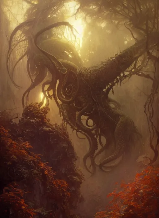 Image similar to my bed is a forest with a giant cthulhu eyes in the dark by gaston bussiere, anna nikonova aka newmilky, greg rutkowski, yoji shinkawa, yoshitaka amano, moebius, donato giancola, geoffroy thoorens, trending on artstation, featured on pixiv, cinematic composition