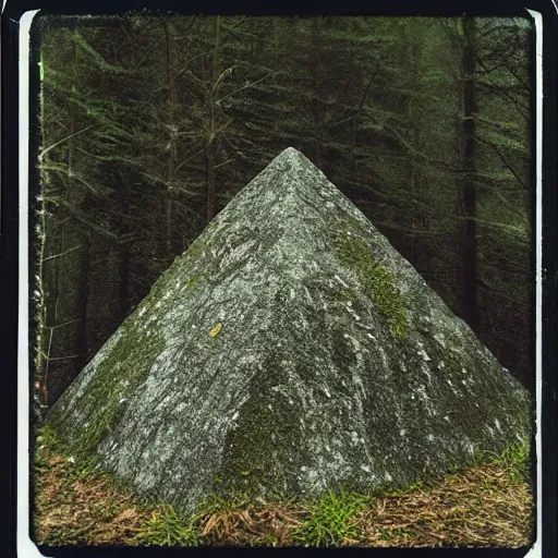 Image similar to a mossy rock pyramid in the middle of a forest clearing at night, dark, foggy, eerie, creepy, unsettling, lost footage, old polaroid, expired film,