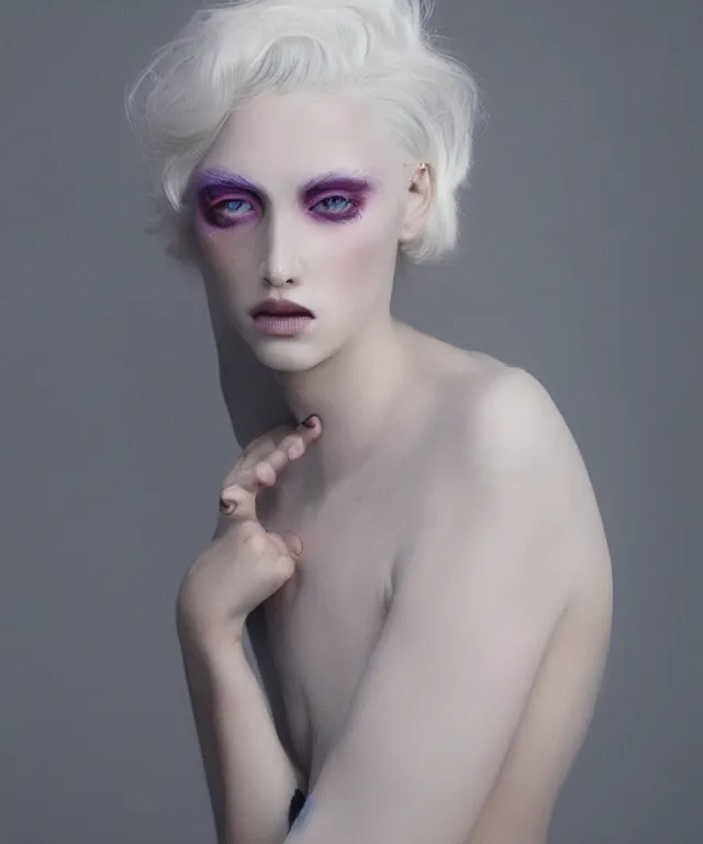 Image similar to a color photograph of a non binary model, platinum blonde, by thomas ruff, intense, bold, hyperrealistic, ultra sharp, extra details, ultra high quality, trending on pinteresst