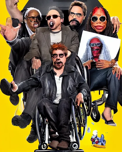 Prompt: movie poster for weekend at bernie's 3, robert downey jr in a wheelchair with dark sunglasses, grey facial flesh, cinematic lighting, zombie rigor mortis inanimate corpse in a wheelchair, robert downey starring in weekend at bernie's, bernie goes to vegas also starring sarah silverman and whoopi goldberg