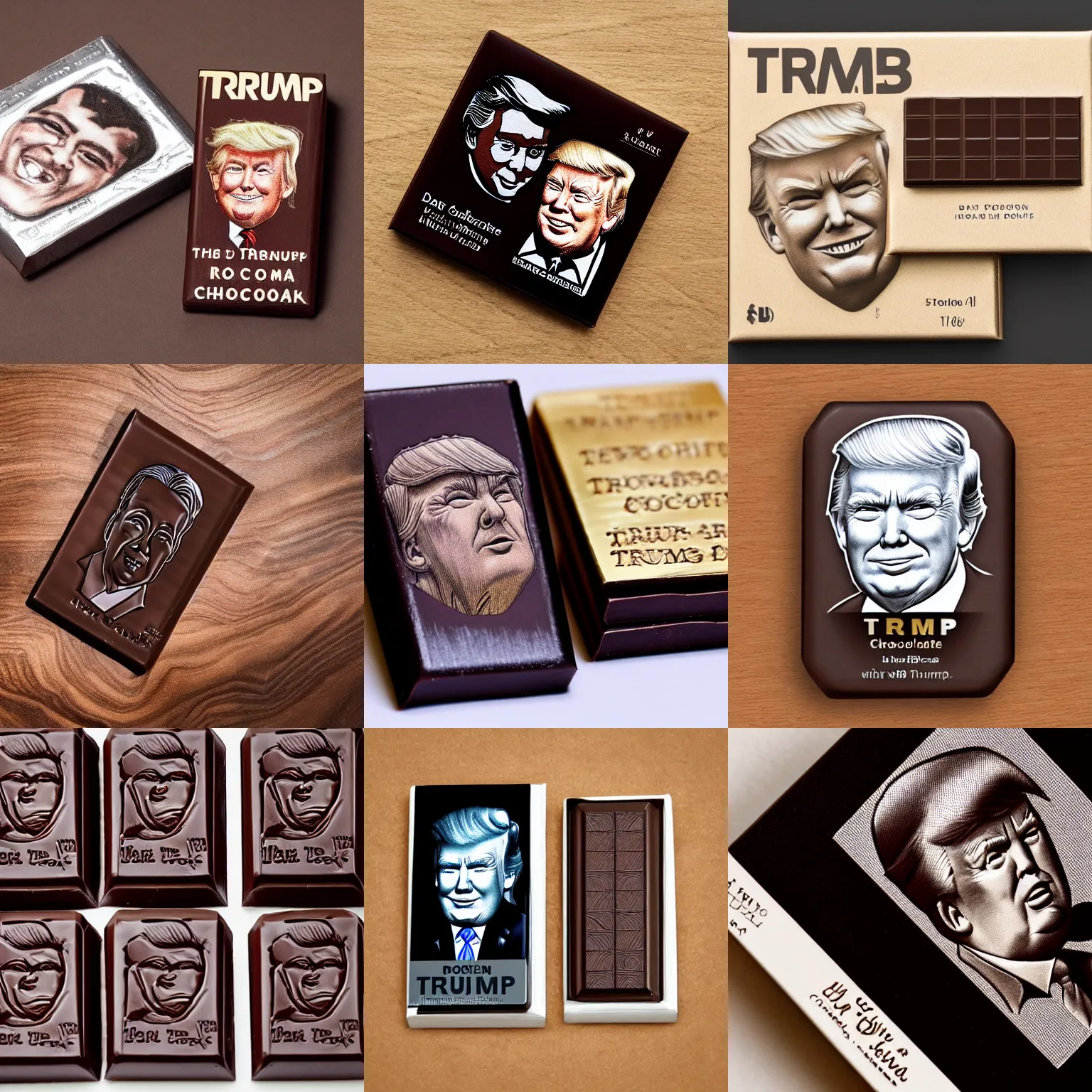 Prompt: dark chocolate bar with a line engraving portrait of trump