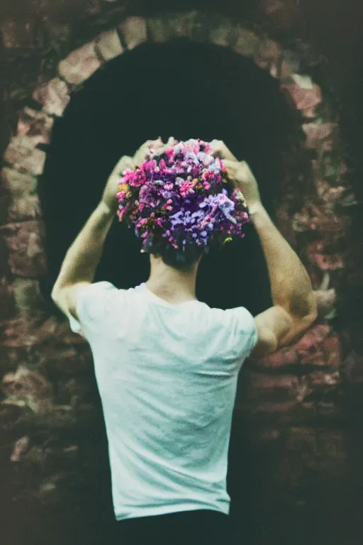 Image similar to kodak portra 4 0 0 photograph of a skinny guy looking into a otherworldly portal, flower crown, back view, vaporwave colors, grain, moody lighting, moody aesthetic,