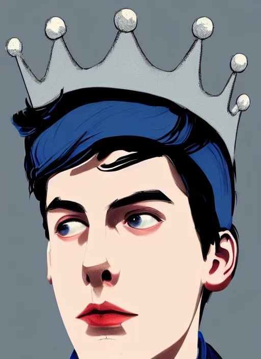 Image similar to portrait of teenage jughead jones wearing a light grey crown, crown, blue turtleneck, 1 9 5 0 s, closed eyes, photorealistic, black hair, glowing lighting, intricate, elegant, glowing lights, highly detailed, digital painting, artstation, concept art, smooth, sharp focus, illustration, art by wlop, mars ravelo and greg rutkowski