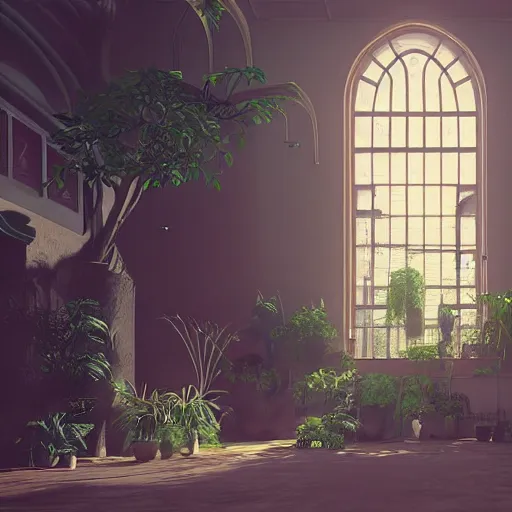 Image similar to 70s interior with arched windows, natural sunlight, summer, hanging plants, cinematic, cyberpunk, lofi, calming, dramatic, fantasy, by Moebius, by zdzisław beksiński, Fantasy LUT, epic composition, sci-fi, dreamlike, surreal, angelic, cinematic, 8k, unreal engine, fantasy concept art,