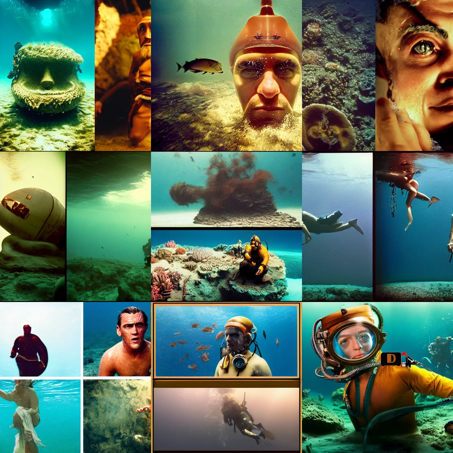 Prompt: Kodak portra 160, 4K, split split screens: famous deep sea diver in low budget kon-tiki movie remake, underwater scene