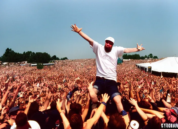 Image similar to photo still fred durst on stage at woodstock 9 9!!!!!!!! at age 3 3 years old 3 3 years of age!!!!!!!! crowd surfing, 8 k, 8 5 mm f 1. 8, studio lighting, rim light, right side key light