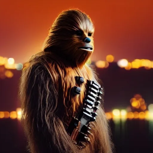 Prompt: a still of Chewbacca, studio lighting, 4K. Shallow depth of field. City at night in background, lights, colors.