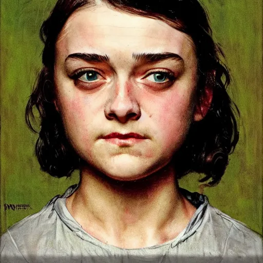 Prompt: Frontal portrait of a barbed arya stark. A portrait by Norman Rockwell.