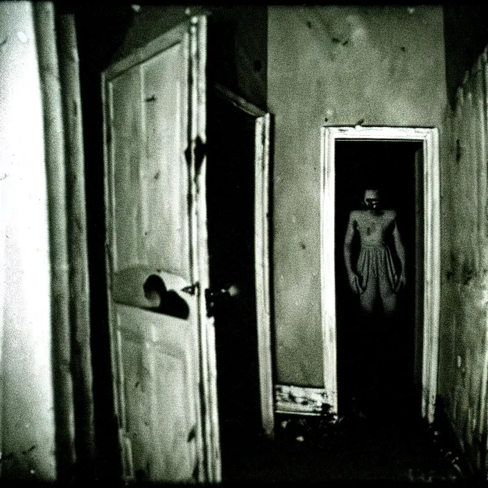 Image similar to unspeakable horrors, nightmare, horror, unknown, dark, liminal space, abandoned house, white eyes, 3 5 mm, found footage, film shot