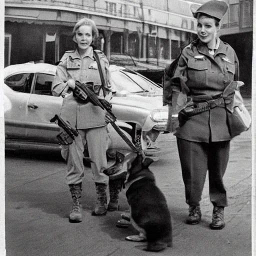 Image similar to female soldier with corgi sniffer dog, old photograph in sci-fi city