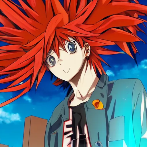 Image similar to orange - haired anime boy, 1 7 - year - old anime boy with wild spiky hair, wearing red jacket, running past colorful building, red - yellow - blue colored building, turquoise aquamarine windows, strong lighting, strong shadows, vivid hues, ultra - realistic, sharp details, subsurface scattering, intricate details, hd anime, 2 0 1 9 anime