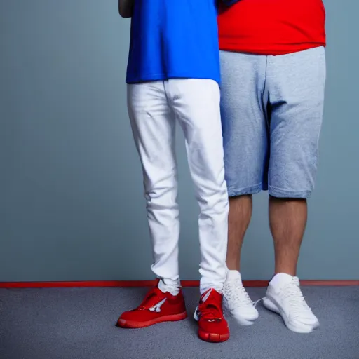 Image similar to a full body shot of an average white, short young - adult man with blue dyed hair, wearing a red backwards cap, white t - shirt with a red no symbol on it, blue long pants and red shoes, holding a microphone, photoshoot, grey background