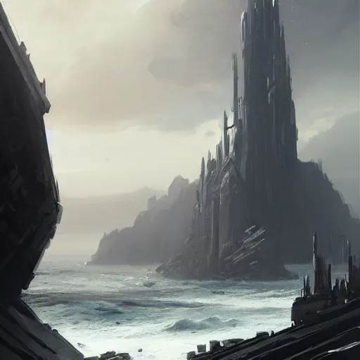 Image similar to star wars concept art by greg rutkowski, a palatial and imposing grey wide tower emerging from the sea in the middle of a ocean landscape, enigmatic atmosphere, beautiful and cinematic lighting, artstation hq.