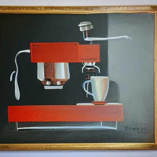 Image similar to a painting of an espresso machine that makes coffee from human souls