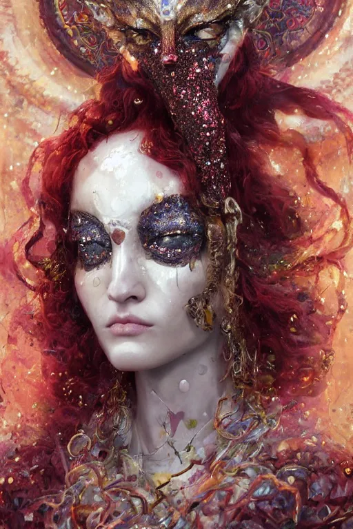 Image similar to priestess thin woman with curly red hair with glittering priestess clothes wearing a glittering fox mask with tiny mineral and bismuth incrustations. By tom purvis, emil melmoth, zdzislaw belsinki, Craig Mullins, yoji shinkawa, dark rainbow color scheme, featured on artstation, beautifully lit, Peter mohrbacher, zaha hadid, hyper detailed, insane details, intricate, elite, ornate, elegant, luxury, dramatic lighting, CGsociety, hypermaximalist, golden ratio, environmental key art, octane render, weta digital, micro details, 3d sculpture, structure, ray trace 4k