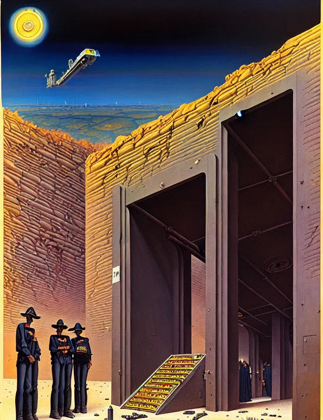Image similar to huge gothic crematorium on desert planet, elevator, side ramp entrance ambulance smoke dead bodies, guards intricate, painting by lucian freud and mark brooks, bruce pennington, dark colors, neon, death, guards