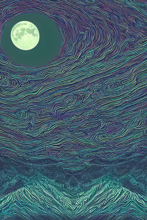 Prompt: digital matte fantasy dreamy mountain scape dark tones snow, crescent moon, wolf, 8 k by alex grey