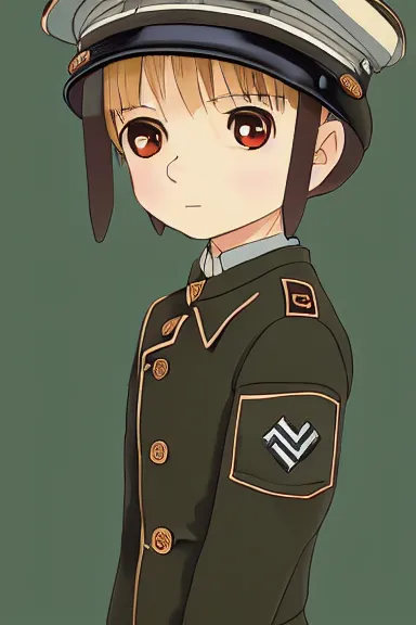 Image similar to beautiful little boy in nazi male uniform. made in abyss art style, sharps focus, pose, cute detailed artwork, anatomically correct, ilya kuvshinov, reflection, perfect composition, mobile wallpaper, digital art, detailed anime soft face, symmetrical face, western comic, illustration, realistic, smooth, nazi chic, lois van baarle, soft details