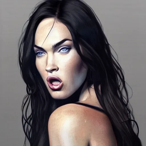 Image similar to megan fox sticking her tongue out. hyperrealistic portrait, photo realistic, poster, artstation, volumetric lighting, digital art, very detailed face by sam carr and by richard meril