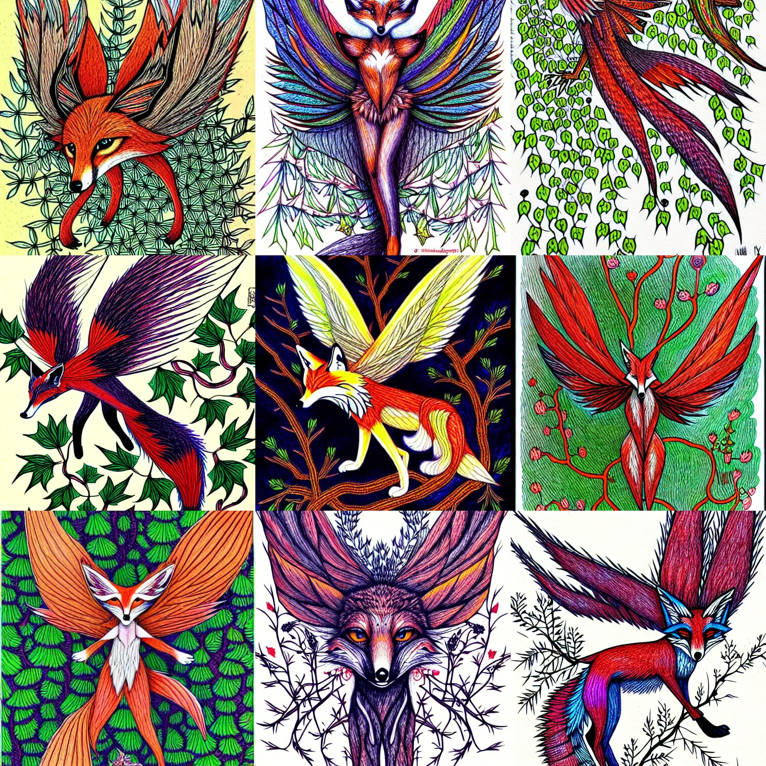 Prompt: An absurdly-detailed Winged-Fox suspended in thorny vines, colored-pen drawing, vibrant fantasy painting