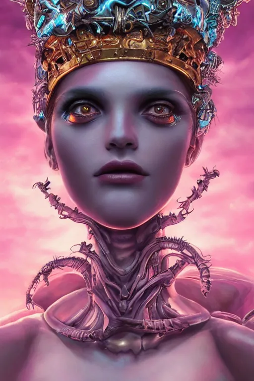 Image similar to portrait of a alien queen wearing an elaborate crown, straight on portrait, by artgerm, tom bagshaw, gerald brom, vaporwave colors, lo fi colors, vaporwave, lo fi, 2 point studio lighting, dramatic lighting, creepy aesthetic, 4 k, hd,