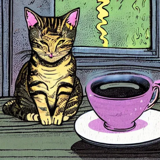 Prompt: tabby cat sitting next to a steaming cup of tea on a messy desk, in the background in a green garden on a rainy day, high contrast, dramatic lighting, graphic novel, art by Alan Davis and Michael Choi,