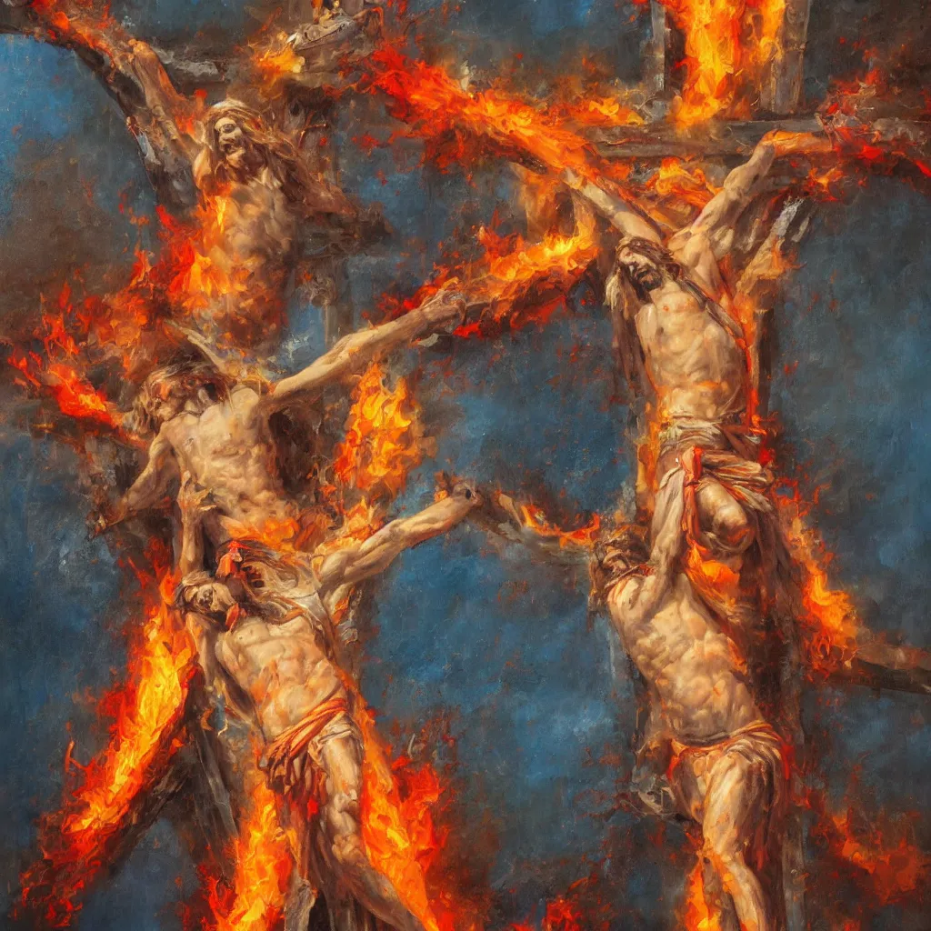 Image similar to Concept art of flaming Jesus on the cross, trending on artstation, oil on canvas, vivid color, ultra detailed.