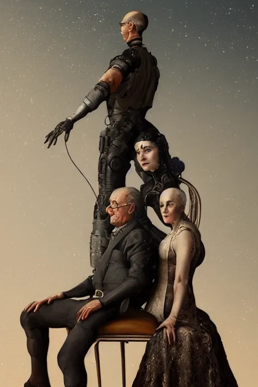 Image similar to a beautiful ultradetailed fine art old vintage couples portrait photo of cyborgs sitting on a chair and standing, by tom bagshaw, couples portrait, vignette, 35mm lens, golden ratio composition, studio photography, very detailed, artstation, 8k, highly coherent