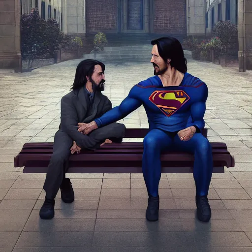 Image similar to a highly detailed matte painting of superman comforting a depressed keanu reeves on a park bench, art by artgerm and greg rutkowski and alphonse mucha, volumetric lighting, octane render, 4 k resolution, trending on artstation, masterpiece